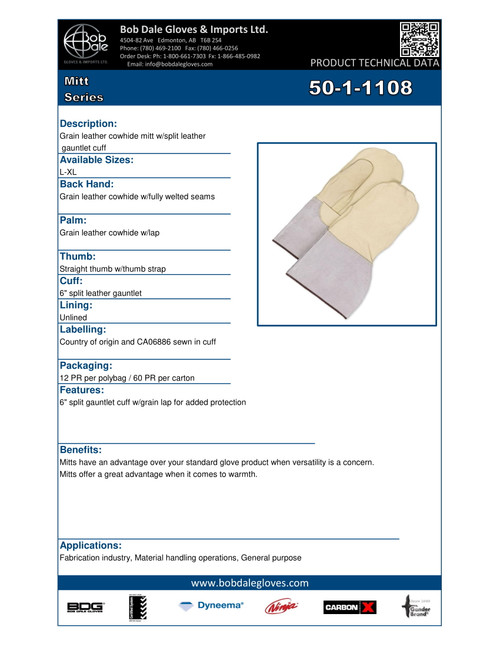Grain Cowhide Mitt w/6" Split Cowhide Gauntlet  50-1-1108-XL