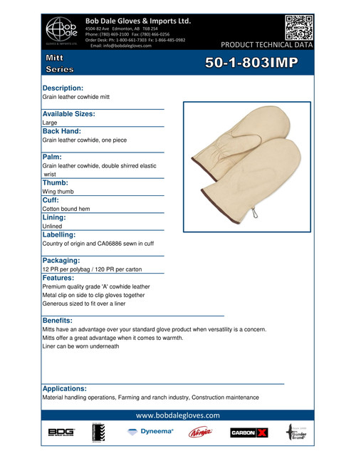 Grain Cowhide Mitt w/Elastic Wrist  50-1-803IMP