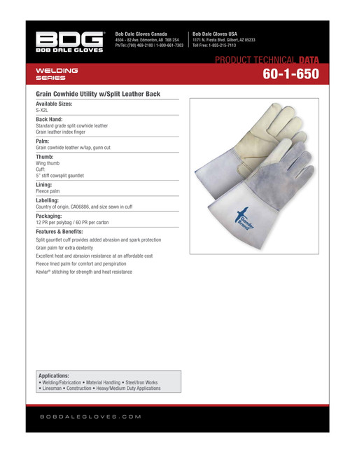 Grain Cowhide Weld Glove Fleece Lined Palm w/5" Split Cowhide Gauntlet  60-1-650