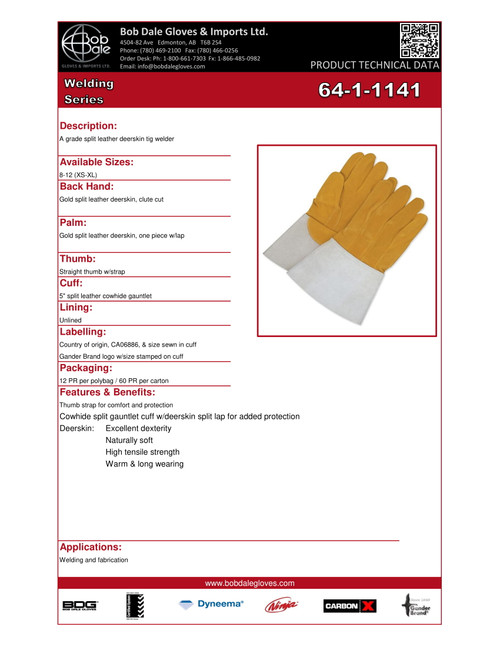 Split Deerskin Tig Weld Glove w/5" Split Cowhide Gauntlet  64-1-1141