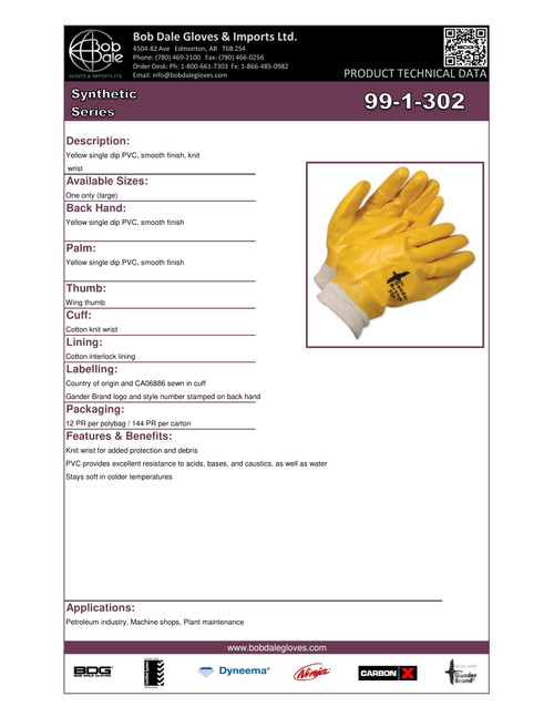 Gander® PVC Single Dipped Cotton Knit Glove Yellow w/White Knitwrist  99-1-302