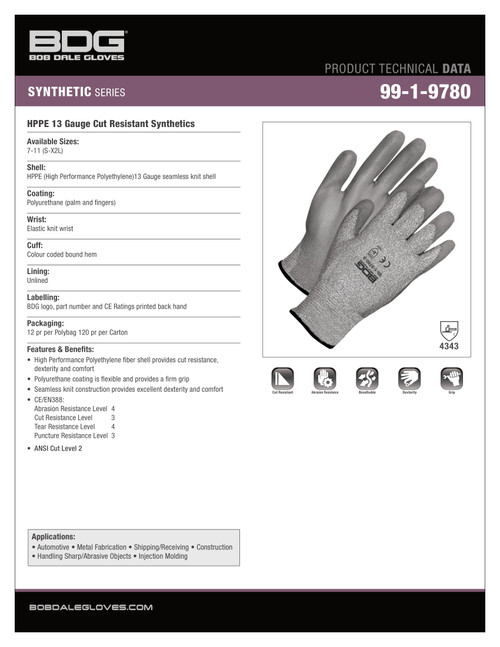 BDG® Polyurethane Coated HPPE Knit Cut-Rez Glove Grey  99-1-9780