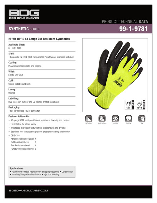 BDG® Polyurethane Coated HPPE Knit Cut-Rez Glove Hi-Viz Yellow  99-1-9781