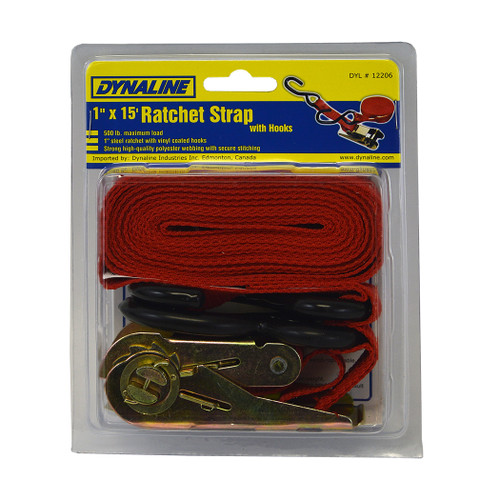 Red Polyester Ratchet Strap 1" x 15' w/S-Hooks Carded  12206
