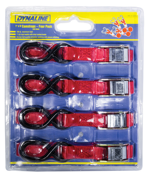 Red Polyester Cam Straps 1" x 6' w/S-Hooks Carded (4/pk)  12331
