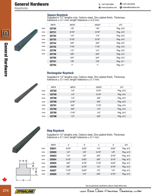 1/4 x 3/16 x 12" Rectangular Keystock  22782