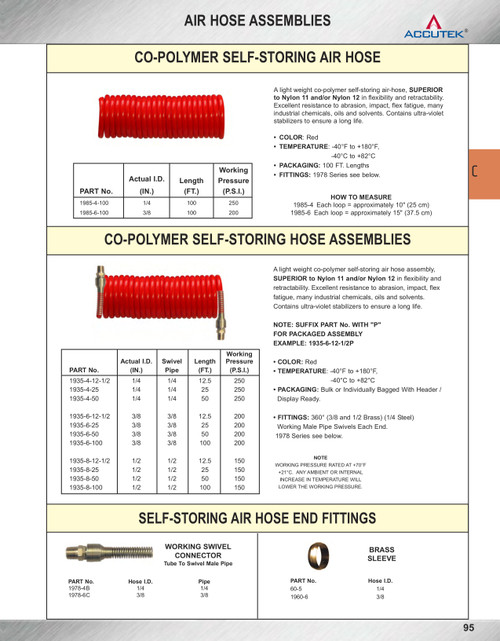 1/2" x 25' Male NPT Swivel - Co-Polymer Self-Storing Coiled Air Hose Assembly  1935-8-25
