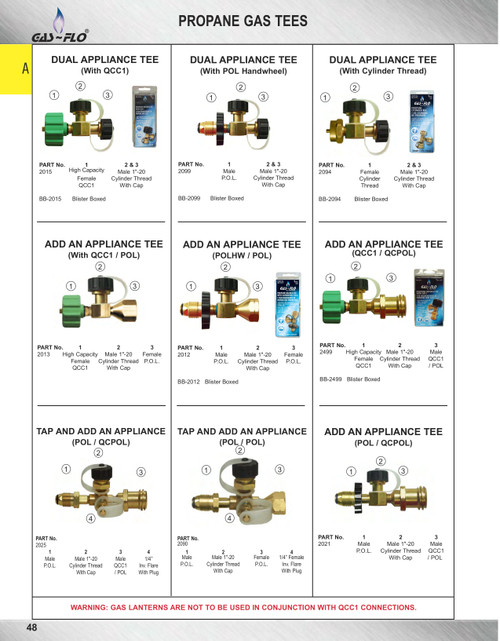 .885"-14 x 1"-20 x .885"-14 x 1/4" Brass Male POL (CGA510) - Male Primus - Female POL (CGA510) Propane Branch Tee w/Inverted Flare Side Port  2090