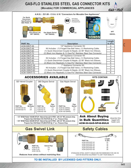 1/2 x 48" Yellow Coated S/S Natural Gas Appliance Hose Kit  ACM-50KIT-48