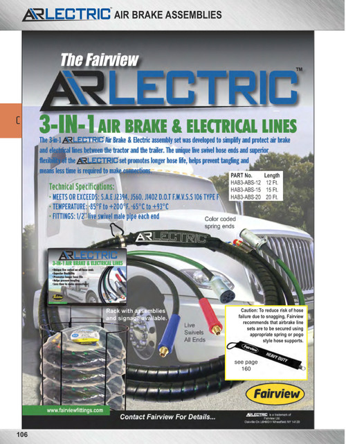 12' Truck Service/Emergency Airbrake Hose & 7-Way Electrical Cable Assembly  HAB3-ABS-12