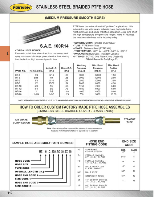 1/2 x 96" Female 45° SAE - PTFE Hose/Stainless Steel Cover Crimped Hose Assembly  HT10C96FS10FS10