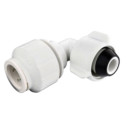 1/2 x 7/8 ~ 15/16" JG® White Polypropylene CTS Twist Lock - Female UNS Swivel 90° Elbow  PEIBTC20C75