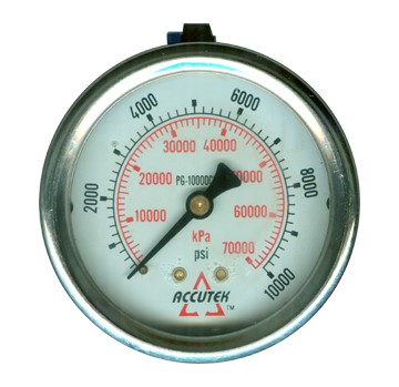 0-10000 PSI  - 2-1/2" Liquid Filled - Stainless Case - Brass Center Back Mount - Pressure Gauge  PG-10000CG25