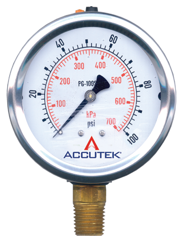 0-100 PSI  - 2-1/2" Liquid Filled - Stainless Case - Brass Stem Mount - Pressure Gauge  PG-100SG25