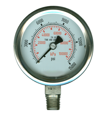 0-15000 PSI  - 2-1/2" Liquid Filled - Stainless Case - Brass Stem Mount - Pressure Gauge  PG-15000SG25