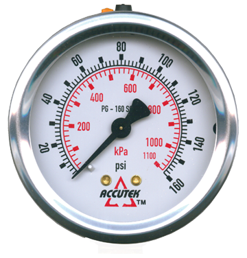 0-160 PSI  - 2-1/2" Liquid Filled - Stainless Case - Brass Center Back Mount - Pressure Gauge  PG-160CG25