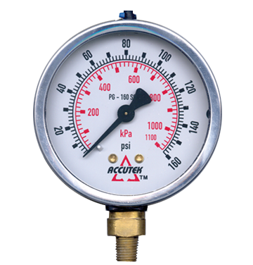 0-160 PSI  - 4" Liquid Filled - Stainless Case - Brass Stem Mount - Pressure Gauge  PG-160SG4