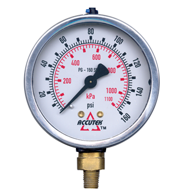 0-160 PSI  - 4" Liquid Filled - Stainless Case - Brass Stem Mount - Low Temp - Pressure Gauge  PG-160SG4LT