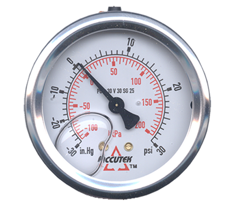 30-0-30 VAC/PSI  - 2" Liquid Filled  - Stainless Case - Brass Center Back Mount - Vacuum/Pressure Gauge  PG-30V30CG25