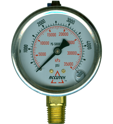 0-5000 PSI  - 2-1/2" Liquid Filled - Stainless Case - Brass Stem Mount - Pressure Gauge  PG-5000SG25