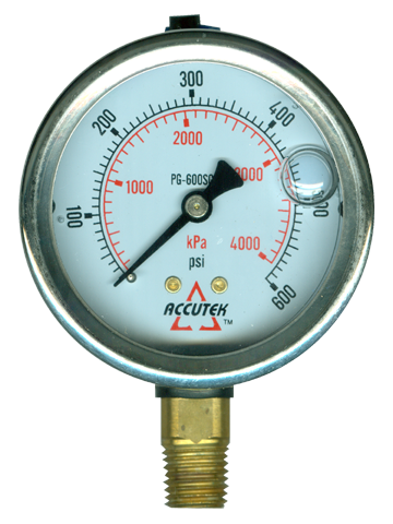 0-600 PSI  - 2-1/2" Liquid Filled - Stainless Case - Brass Stem Mount - Pressure Gauge  PG-600SG25