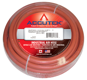 3/8 x 1/4" x 50' Red EPDM 200 PSI Rubber Air Hose Assembly - Brass Male NPT Ends  RG6RED-50B