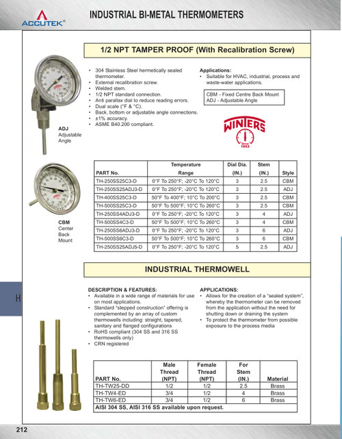 10°C ~ 200°C w/3" Face - Stainless Case - 2-1/2" Stem - Center Back Mount - Thermometer  TH-250SS25C3-D