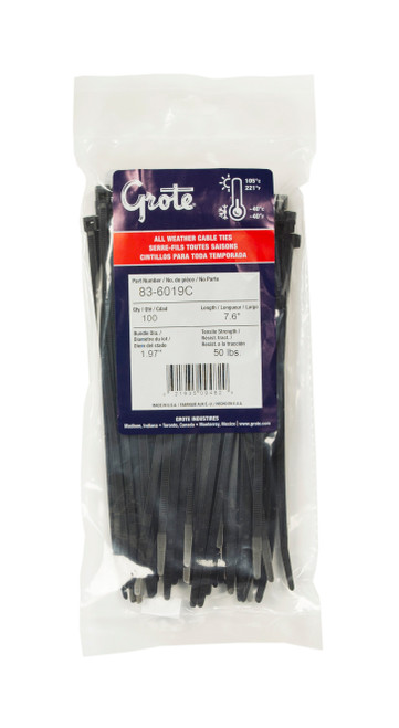 Nylon Cable Ties All Weather 7.6" @ 100 Pack - Black  83-6019C