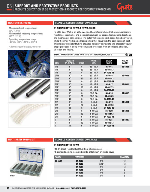 1" Dual Wall 3:1 Flexible Adhesive Lined Heat Shrink Tubing 6" @ 6 Pack - Clear  84-5035