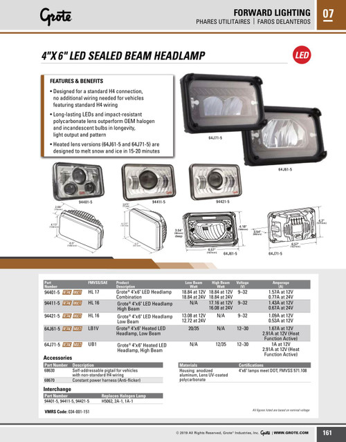 LED Sealed Beam HeadLamp 4 x 6" High Beam 9-30V  94411-5