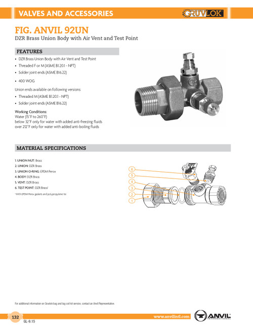 Fig. 92UN DZR Brass Union Body /w Air Vent & Test Point 1-1/2"