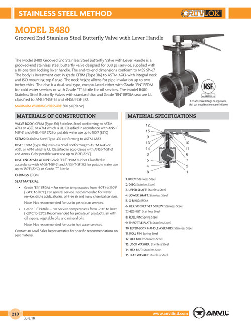 Model B480 Gruvlok Stainless Butterfly Valve /w Lever Handle 6"