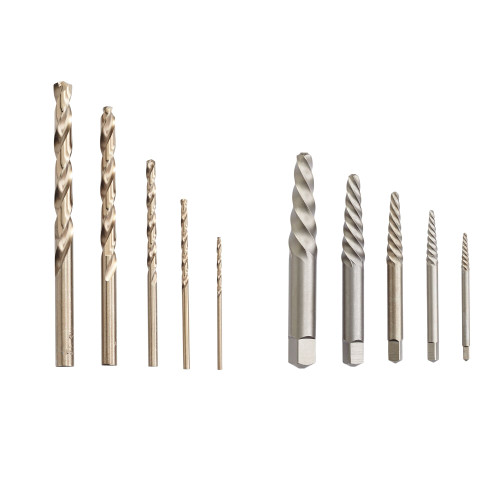 10 Pc. Spiral Flute Screw Extractors w/ Cobalt Alloy Steel Drill Bits   11117