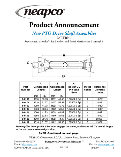 1.375" 6 Spline - Bondioli® 3 Series Drive Shaft Assembly  8-0103