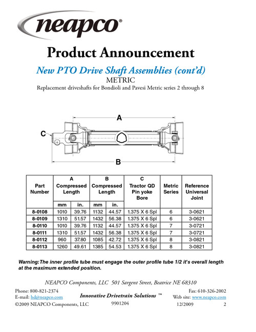 1.375" 6 Spline - Bondioli® 8 Series Drive Shaft Assembly  8-0113