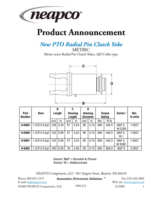 1-3/8" 6 Spline - Bondioli® 4/Walterscheid® 2300 Series Radial Pin Clutch Yoke w/Slide Collar Quick Disconnect   8-0401