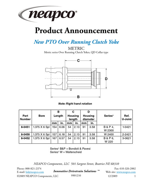 1-3/8" 6 Spline - Bondioli® 4/Walterscheid® 2300 Series Over Running Clutch Yoke w/Slide Collar Quick Disconnect   8-0451