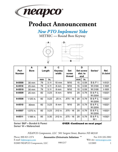 1-1/8" Round - Bondioli® 2/Walterscheid® 2200 Series End Yoke w/Single Keyway  8-0508