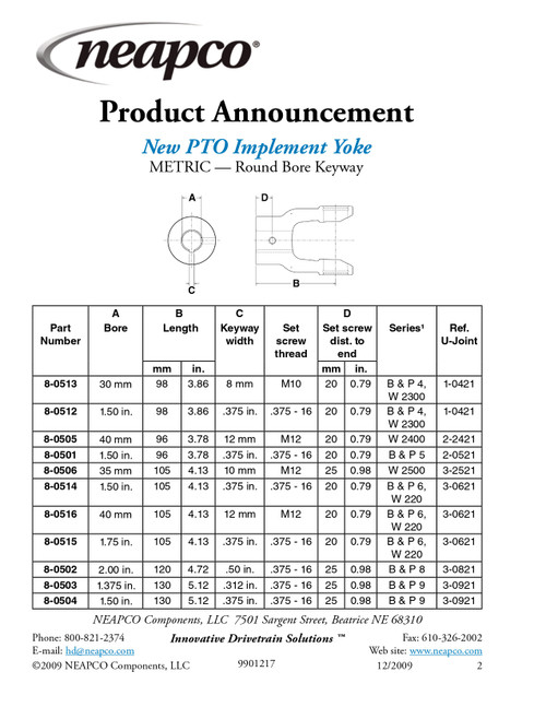 1-1/2" Round - Bondioli® 4/Walterscheid® 2300 Series End Yoke w/Single Keyway  8-0512