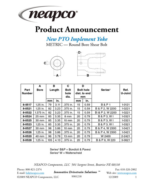 1-3/8" Round - Bondioli® 2/Walterscheid® 2200 Series End Yoke w/Shear Pin Hole  8-0522