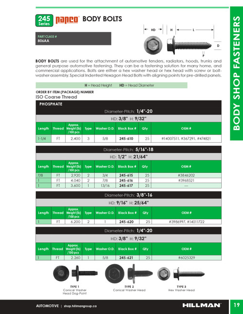 1/4-20 x 1" Phosphate Body Bolt 25 Pc.   245-621