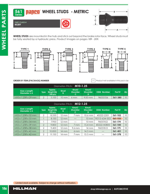 M12-1.25 x 32mm Bare Type 2 Wheel Bolt 10 Pc.   561-102