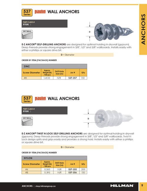 #6 E-Z ANCOR® Nylon Twist-N-Lock Self Drilling Anchor 200 Pc.   537-355