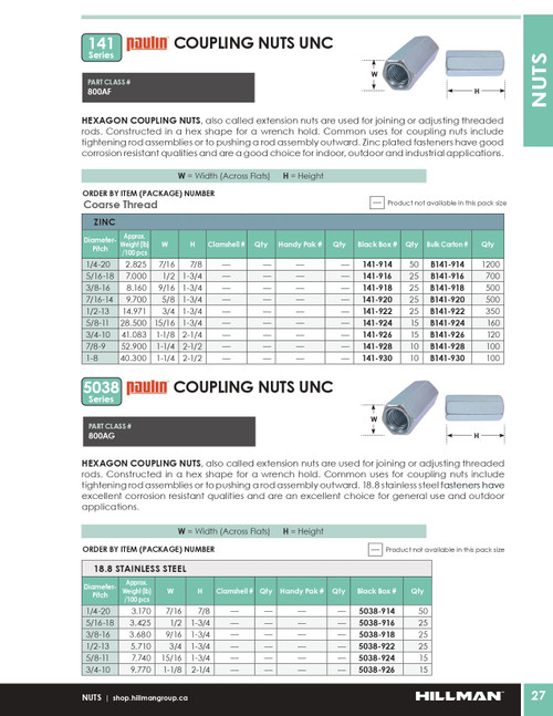 1"-8 UNC Zinc Plated Coupling Nut 10 Pc.   141-930