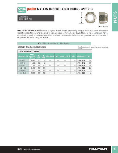M6-1.00 18.8 Stainless Steel Hex Nylon Lock Nut 50 Pc.   5904-014