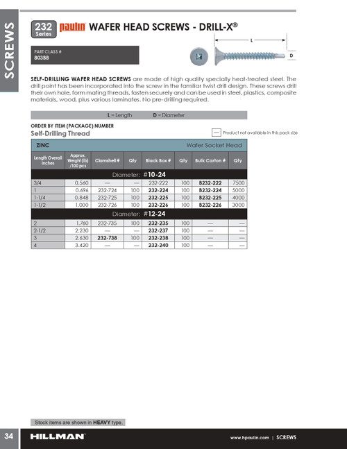 #10-24 x 1-1/2" Drill-X® Wafer Head Steel Tapping Screw 100 Pc.   232-226