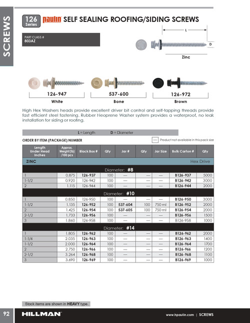 #14 x 1" Hex Head Steel Self Sealing Roofing/Siding Screw 2000 Pc.   B126-962