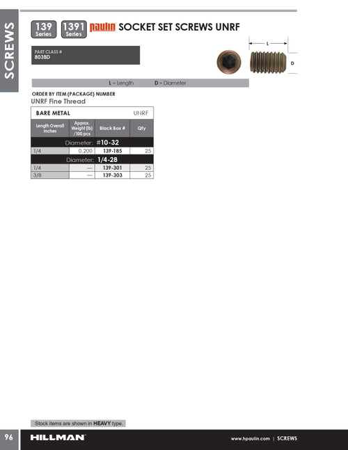 #10-32 x 1/4" Steel Socket Set Screw 25 Pc.   139-185