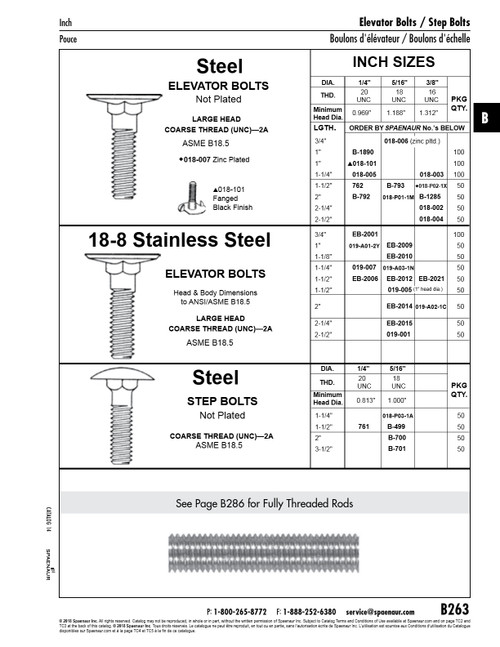 Elevator Bolt 5/16"-18 Unc X 2 1/2" Lg 18-8 Stainless Steel Ansi B18.5   019-001