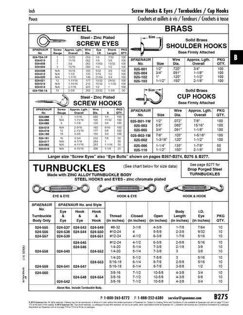 Screw Hook Round Ceiling Type .306" Wire Dia X 4-15/16" O/A Lgth 1-1/8" Hook Id 1-5/8" Thread Lgth Steel Zinc Plated   024-016